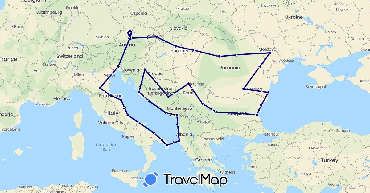 TravelMap itinerary: driving in Albania, Austria, Bosnia and Herzegovina, Bulgaria, Croatia, Hungary, Italy, Moldova, Montenegro, Romania, Serbia, Slovakia, San Marino (Europe)