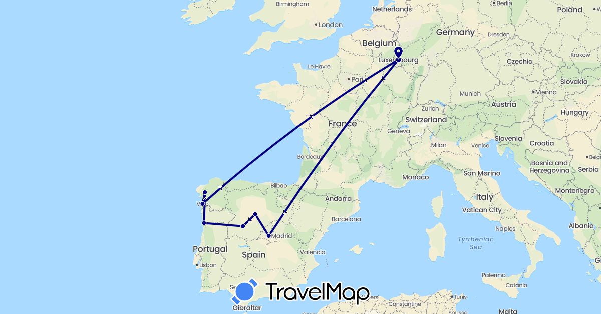 TravelMap itinerary: driving in Spain, Luxembourg, Portugal (Europe)